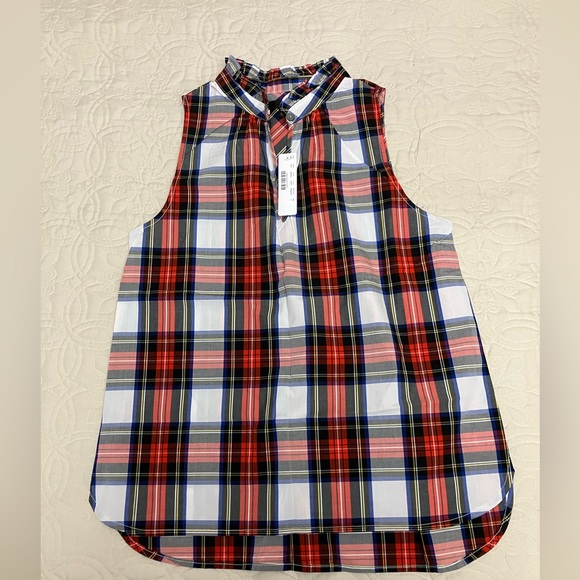J Crew K5932 Holiday Ready White Tartan Plaid Ruffle-Neck Sleeveless Top - Picture 3 of 4